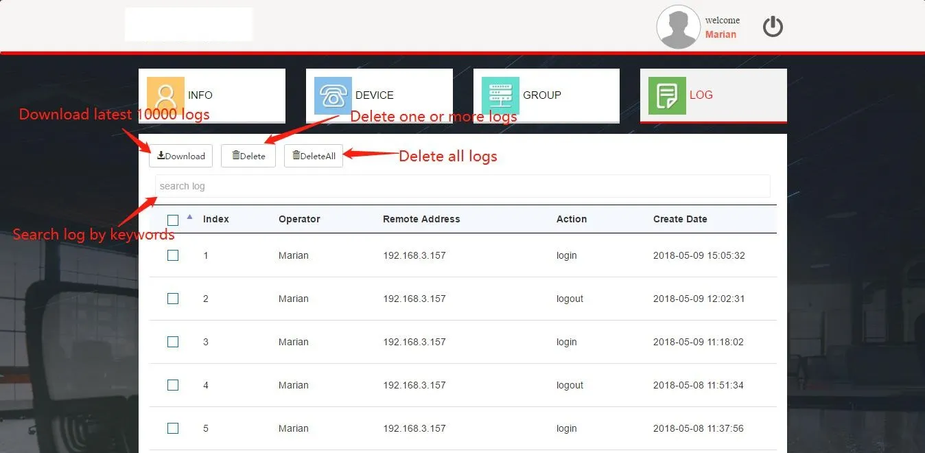 日志（Log）管理操作界面
