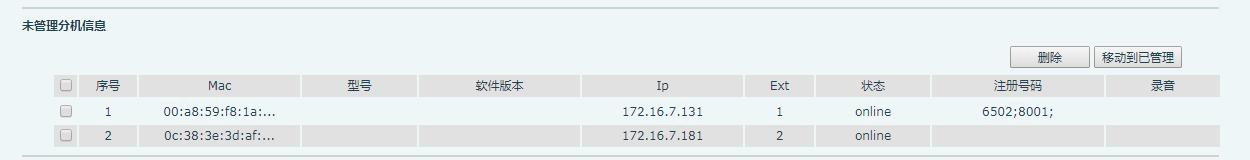 未管理分机信息界面