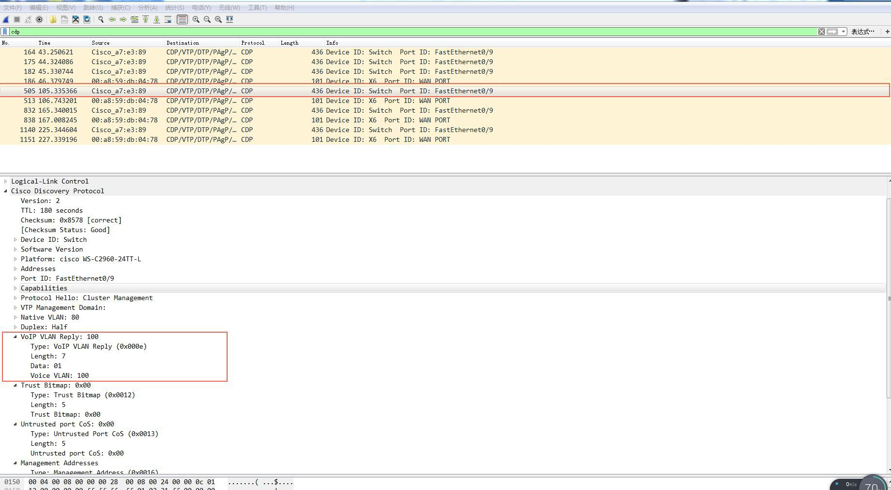 电话接收的 CDP 数据包