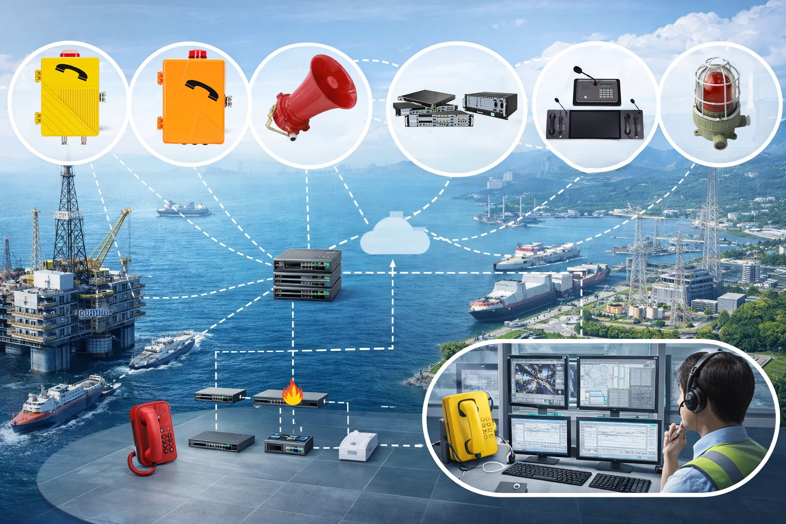 工业电话与SIP平台、广播系统联动架构图