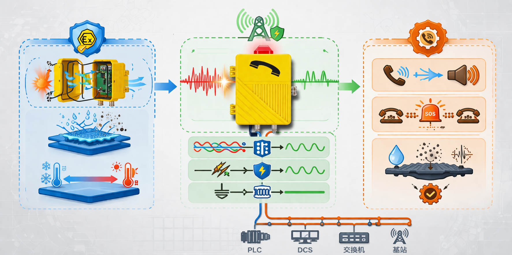 工业电话核心技术架构示意图，
