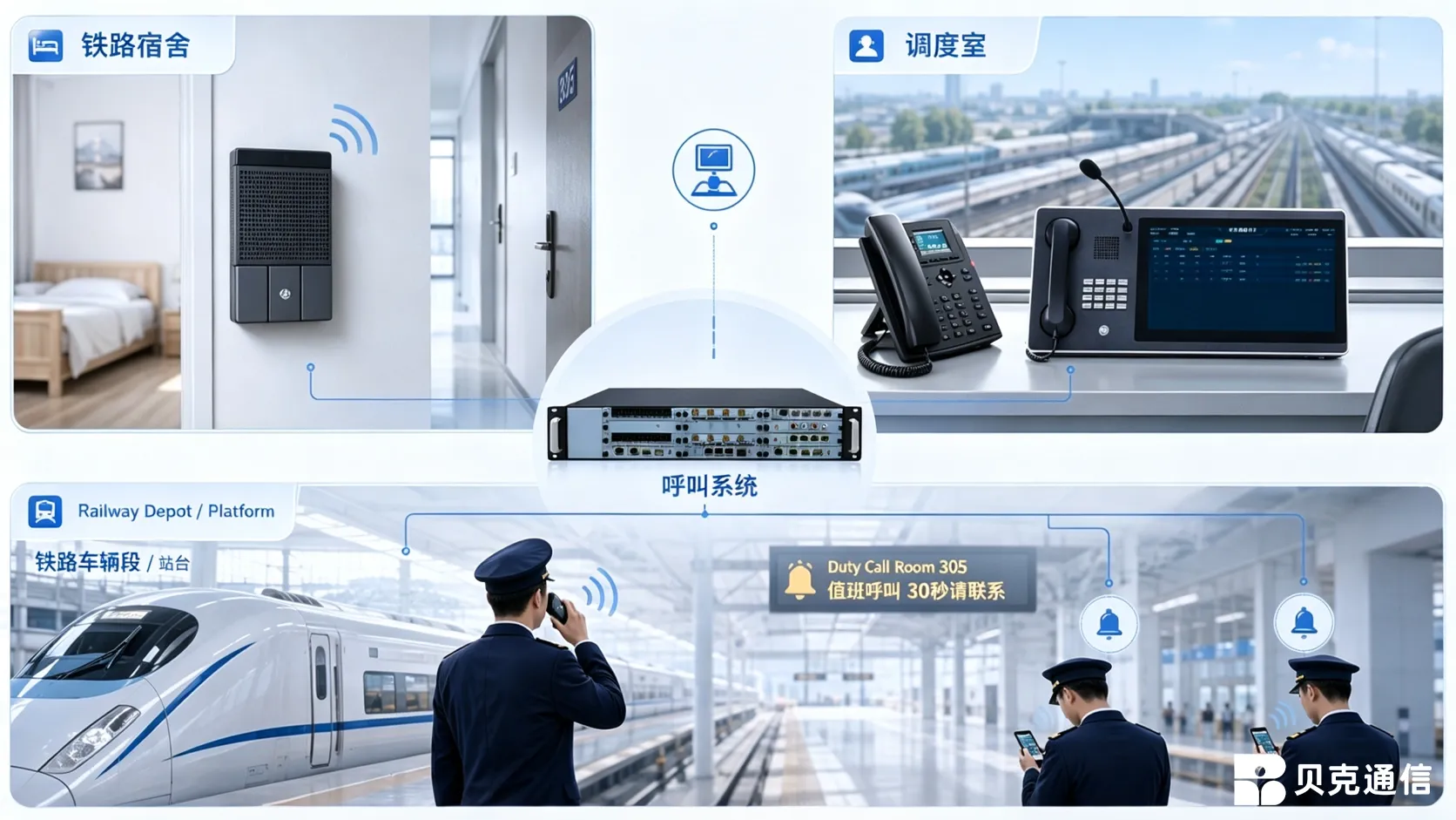 铁路叫班系统应用场景，展示铁路公寓值班室、机务段、地铁车辆基地和轮班人员自动叫班管理