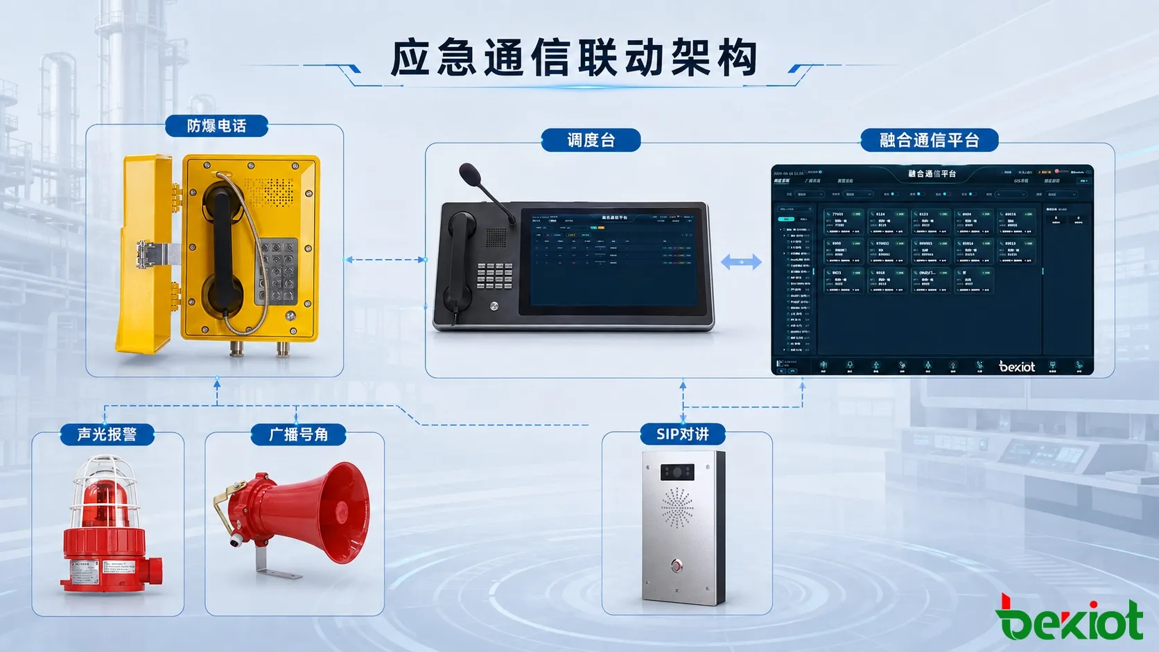 工业应急通信系统中防爆电话、对讲终端、广播号角、声光报警器和调度平台的联动架构