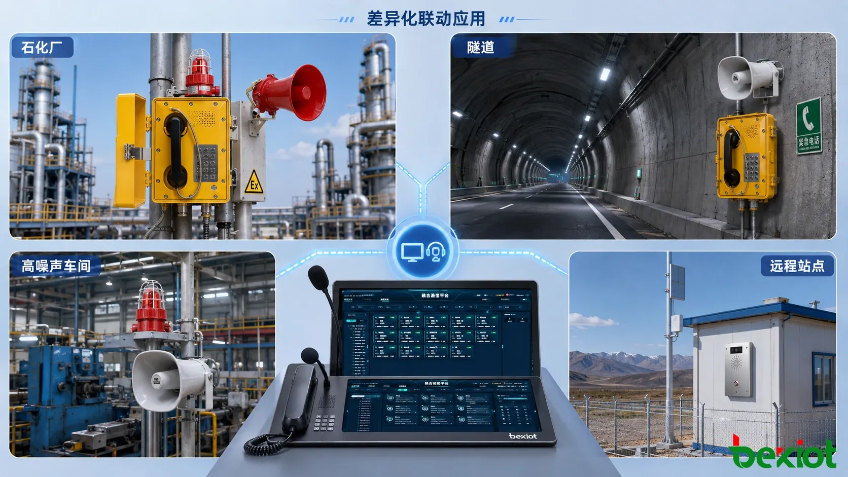 石化厂、隧道、高噪声生产区域和远程站点采用差异化应急通信联动策略