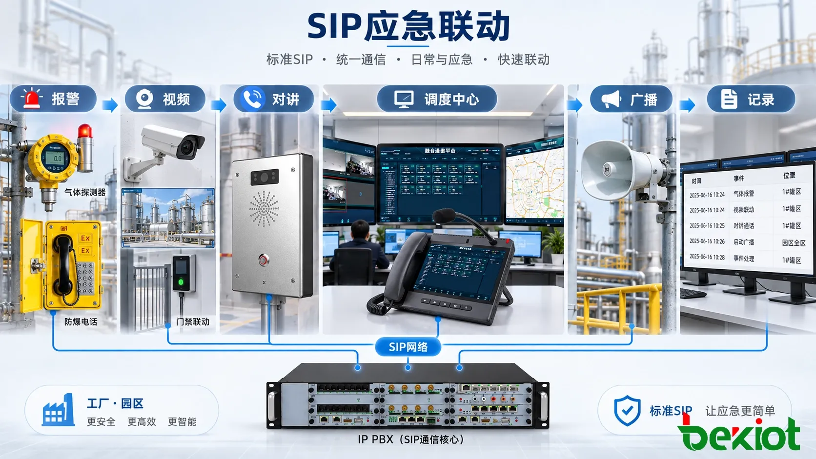 SIP对讲系统连接IP PBX视频监控报警和IP广播的应急联动架构